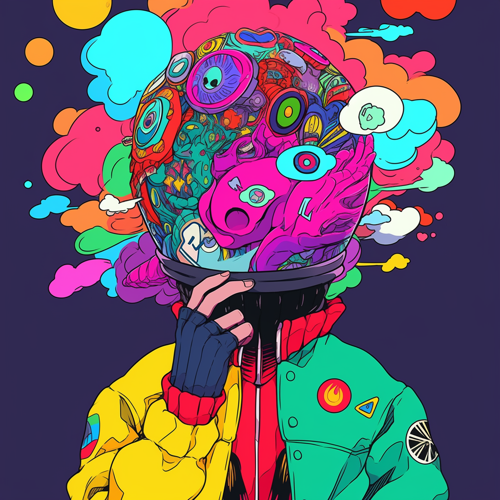 Vibrant illustration of a figure in a jacket with a helmet filled with colorful abstract shapes, eyes, and thought bubbles against a purple background.