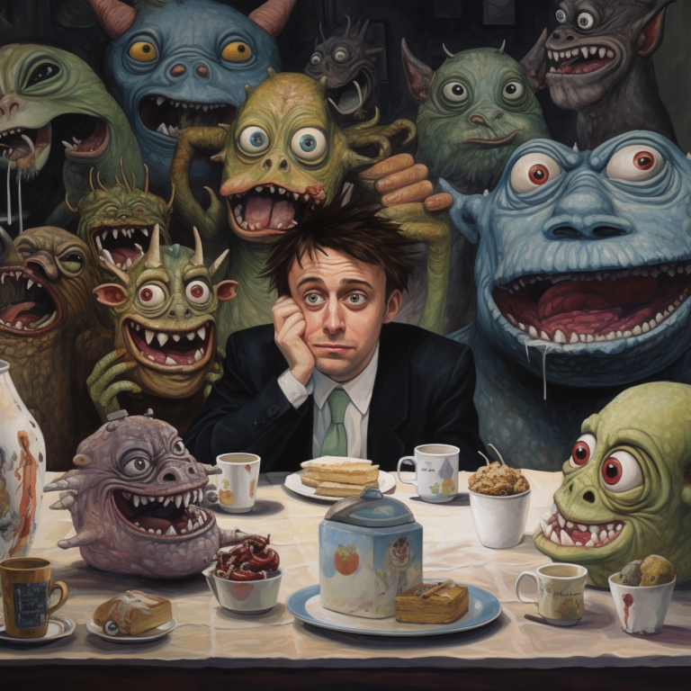 A man in a suit looking overwhelmed, surrounded by various quirky and comical monsters at a breakfast table