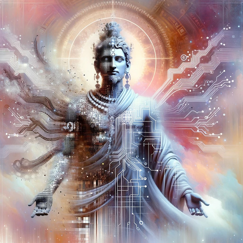 Artistic representation of a deity figure with a blend of traditional imagery and modern, AI-inspired digital elements.