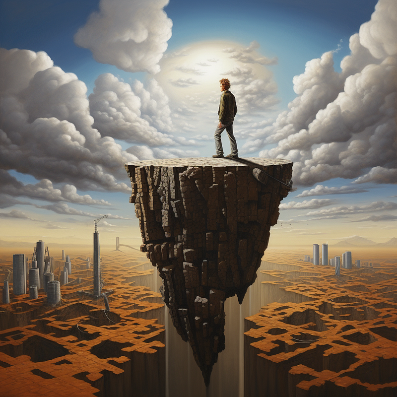 a man standing on a floating cliff peering into the horizon