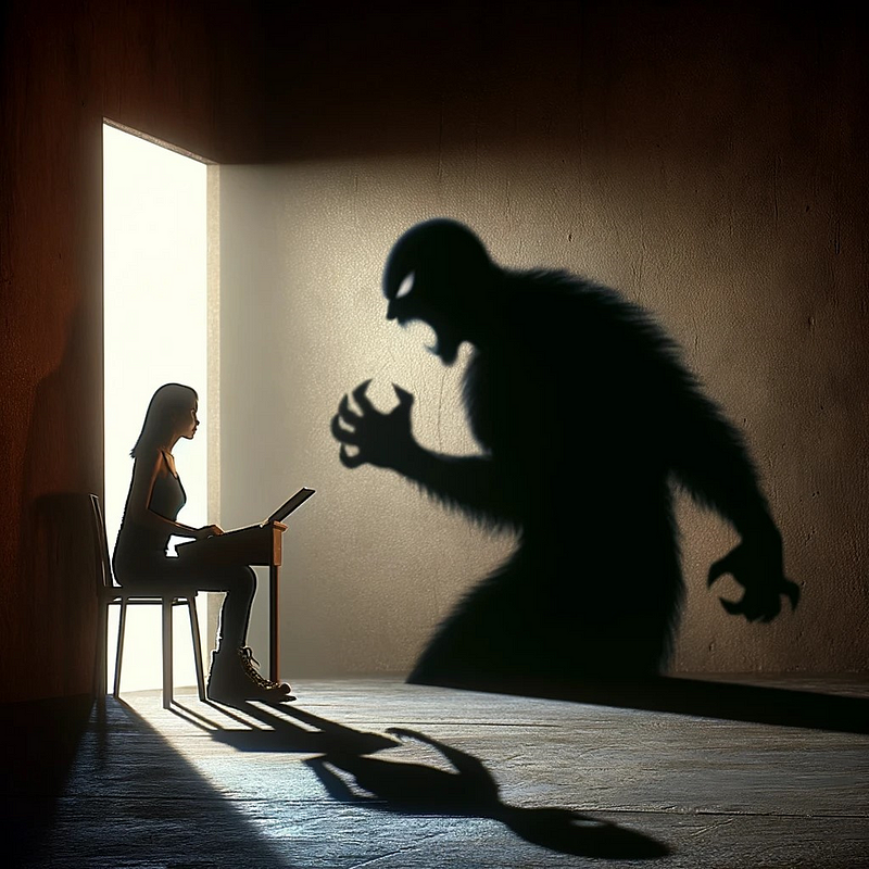 showdown of a writer confronting their inner shadow