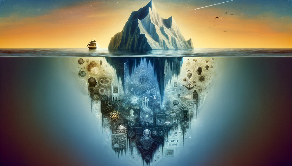 Iceberg in the ocean symbolizes layers of the psyche: The tip above water represents the conscious mind. Underwater, the upper section depicts the personal unconscious, filled with symbols like dreams and emotions around a central core representing the ‘Self’, guarded by shadowy figures symbolizing the ego and complexes. The deepest part shows the collective unconscious with ancient symbols and archetypal images.