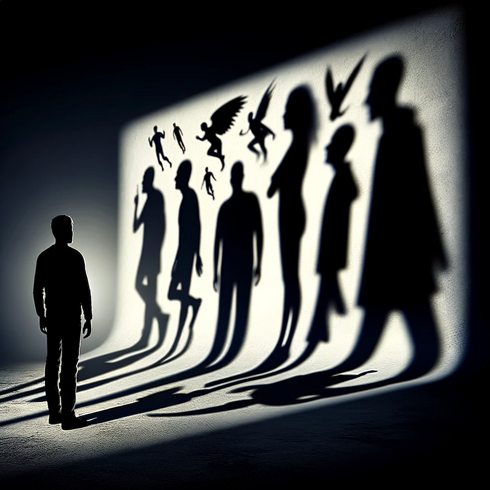 A person stands in a dimly lit environment, casting a long, exaggerated shadow that morphs into various shapes, representing the multifaceted nature of the shadow self.