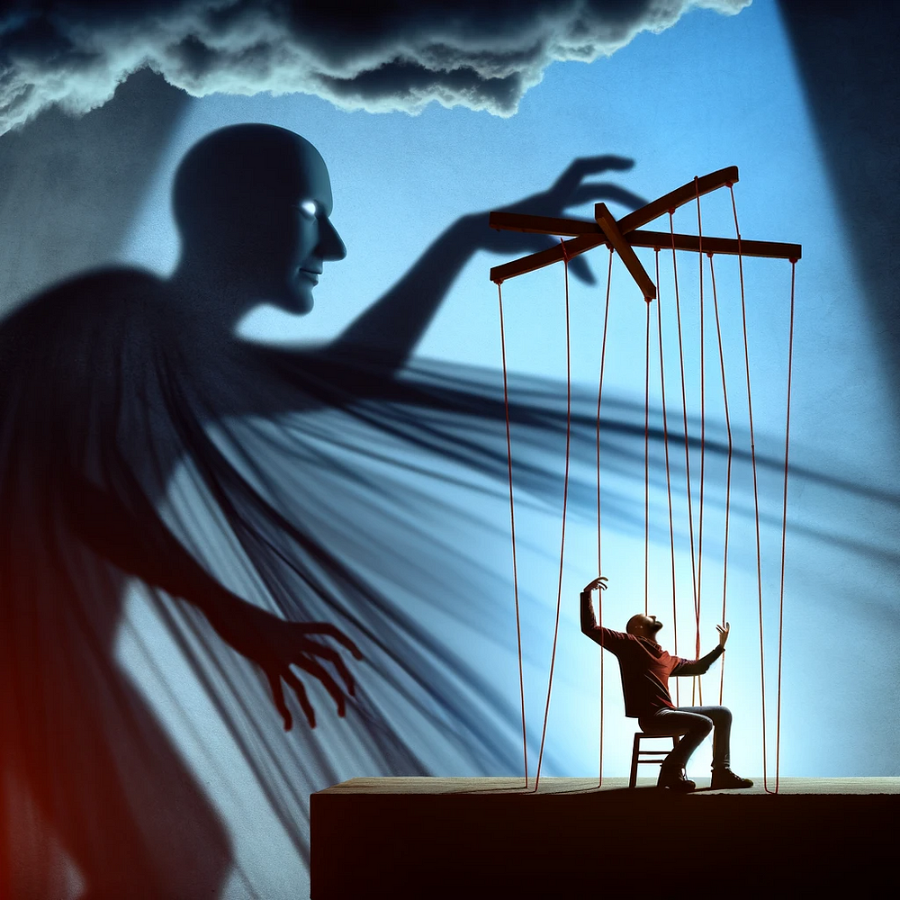 A surreal depiction of a person in a theatrical performance, controlled by puppet strings from a large, shadowy figure in the background.