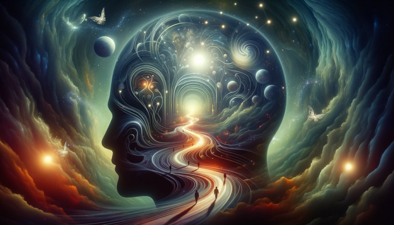 Artistic depiction of the interior of a human head, transformed into a mystical landscape with a winding path, floating orbs, light beams, and shadowy figures symbolizing the journey into self-awareness and the complexities of the psyche.