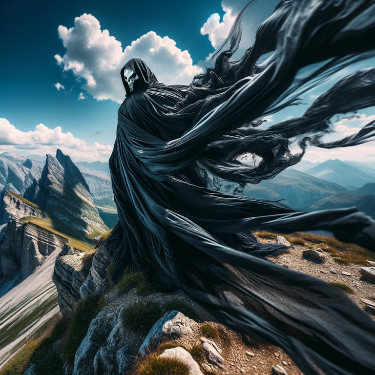 A surreal mountain vista under a pristine blue sky, with an enigmatic figure in a billowing black cloak poised on a cliff’s brink. The figure’s visage is shrouded, and the cloak is animated by a strong wind, imparting a sense of a mysterious rendezvous at the edge of consciousness.