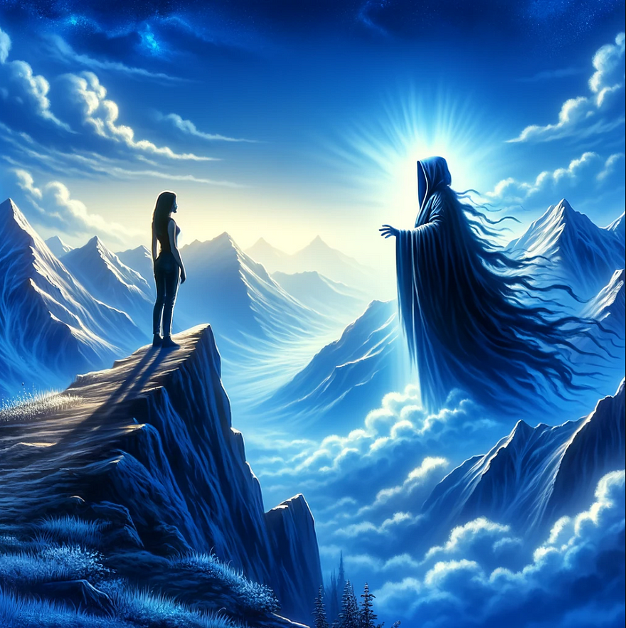 A woman facing a cloaked figure on a mountain peak under a clear blue sky, symbolizing a transformative spiritual encounter and self-discovery.